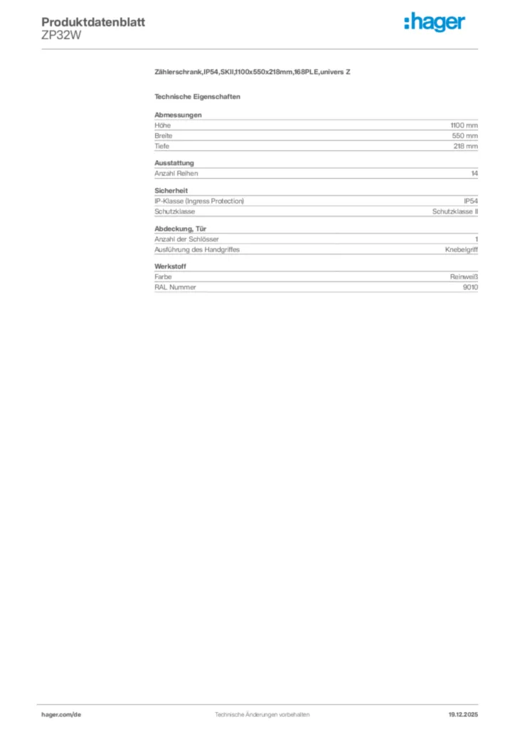 Bild Hager Produktdatenblatt ZP32W | Hager Deutschland