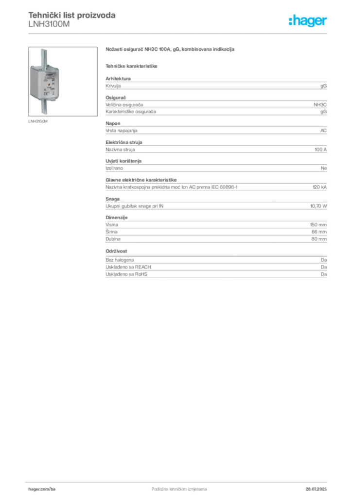 Slika Hager Product data sheet LNH3100M  | Hager