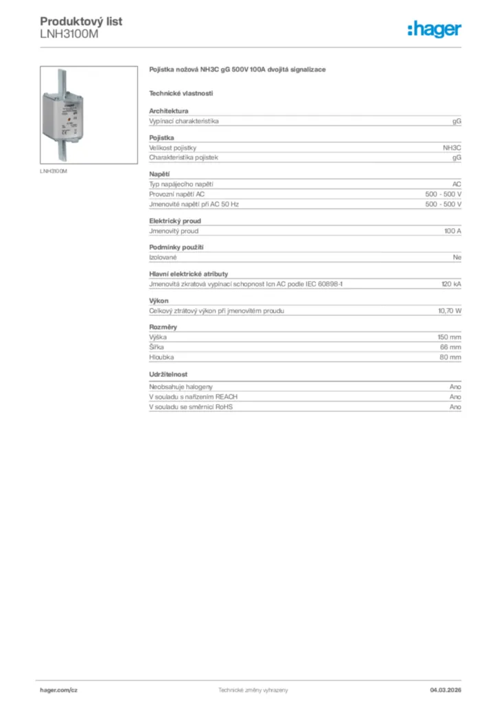 Obrázek Hager Product data sheet LNH3100M | Hager