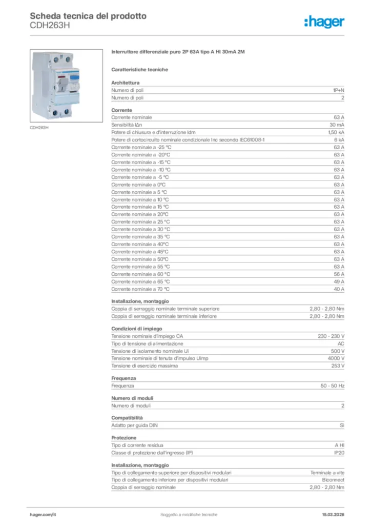 Immagine Hager Scheda tecnica del prodotto CDH263H | Hager Italia