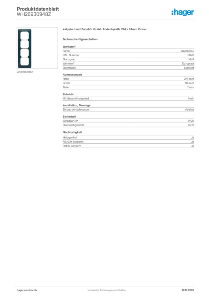 Bild Hager Produktdatenblatt WH26930948Z | Hager Schweiz