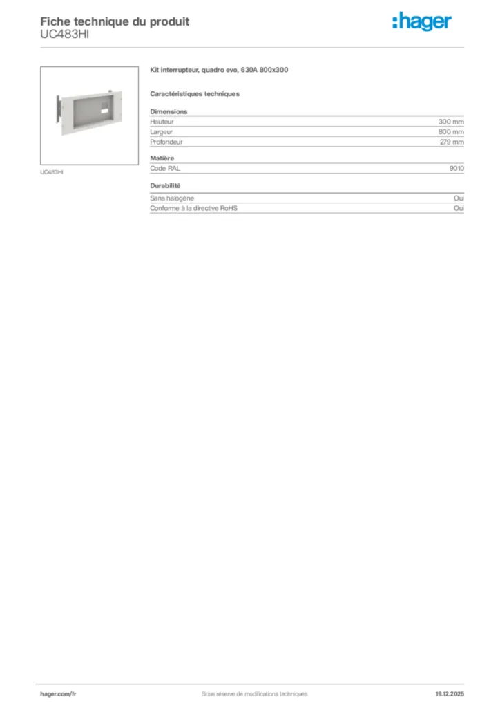 Image Hager Fiche technique du produit UC483HI | Hager France