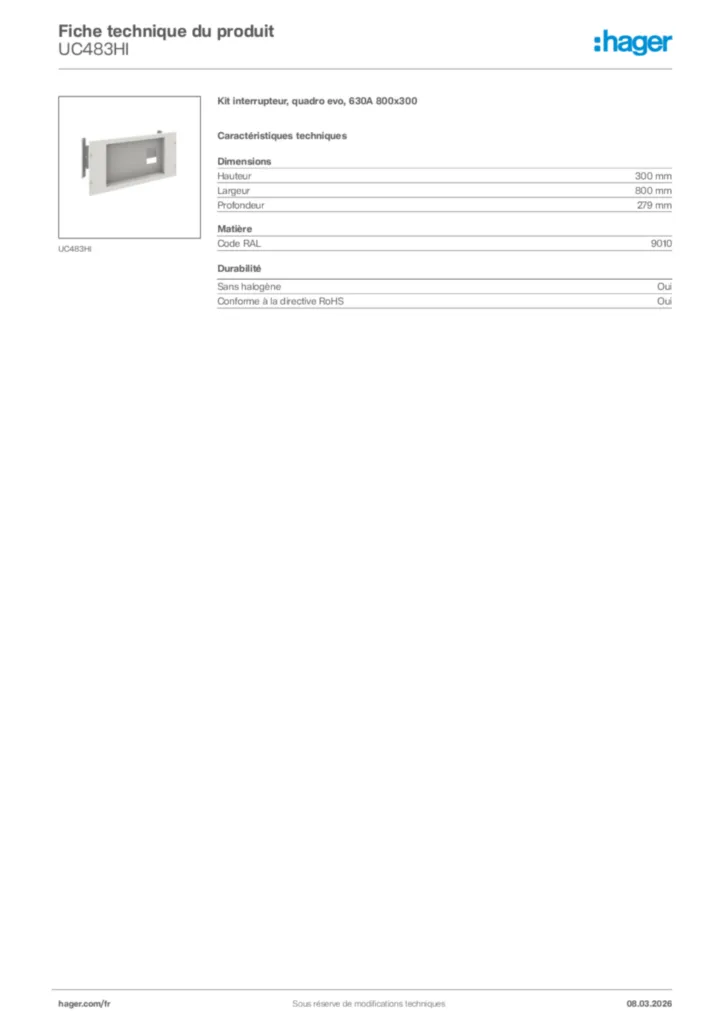 Image Hager Fiche technique du produit UC483HI | Hager France