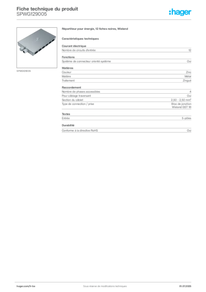 Image Hager Fiche technique du produit SPWG129005 | Hager Belgique