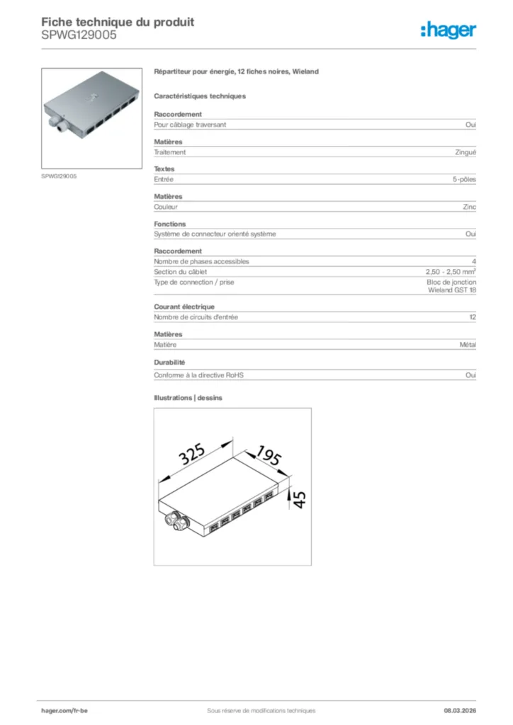 Image Hager Fiche technique du produit SPWG129005 | Hager Belgique