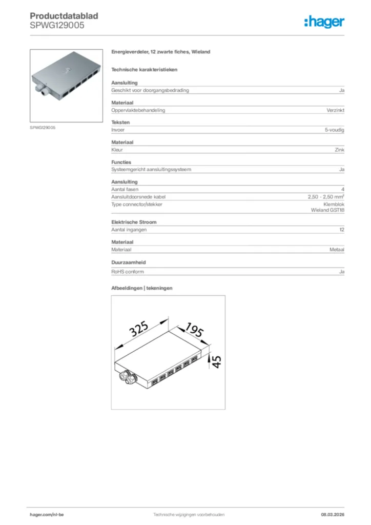 Afbeelding Hager Productdatablad SPWG129005 | Hager Belgium