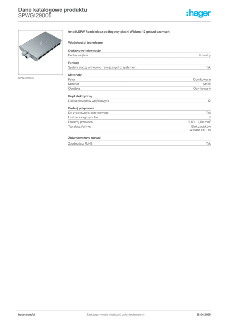 Zdjęcie Hager Karta katalogowa SPWG129005 | Hager Polska