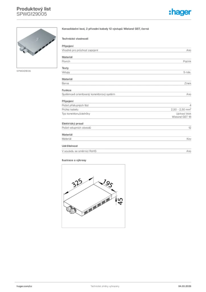 Obrázek Hager Product data sheet SPWG129005 | Hager
