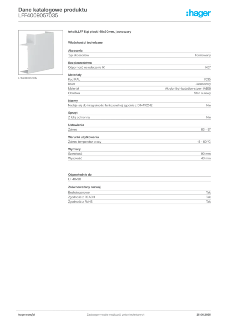 Zdjęcie Hager Karta katalogowa LFF4009057035 | Hager Polska