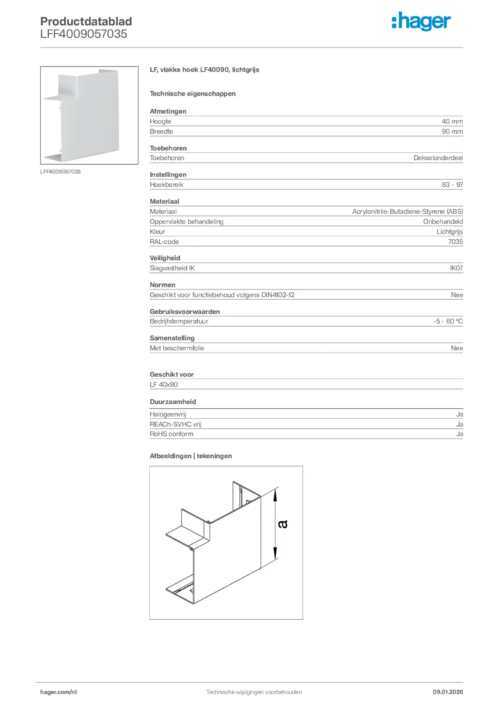 Afbeelding Hager Productdatablad LFF4009057035 | Hager Nederland