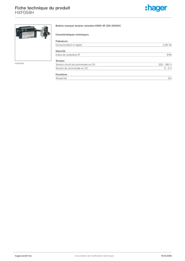 Image Hager Fiche technique du produit HXF054H | Hager Belgique