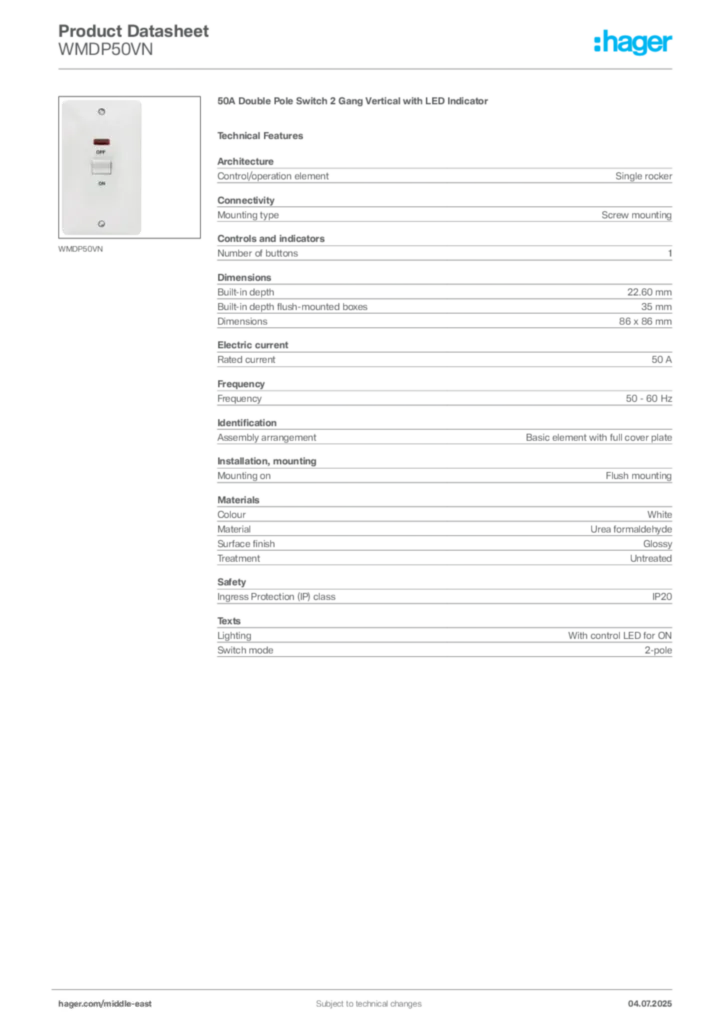 Image Hager Product data sheet WMDP50VN  | Hager