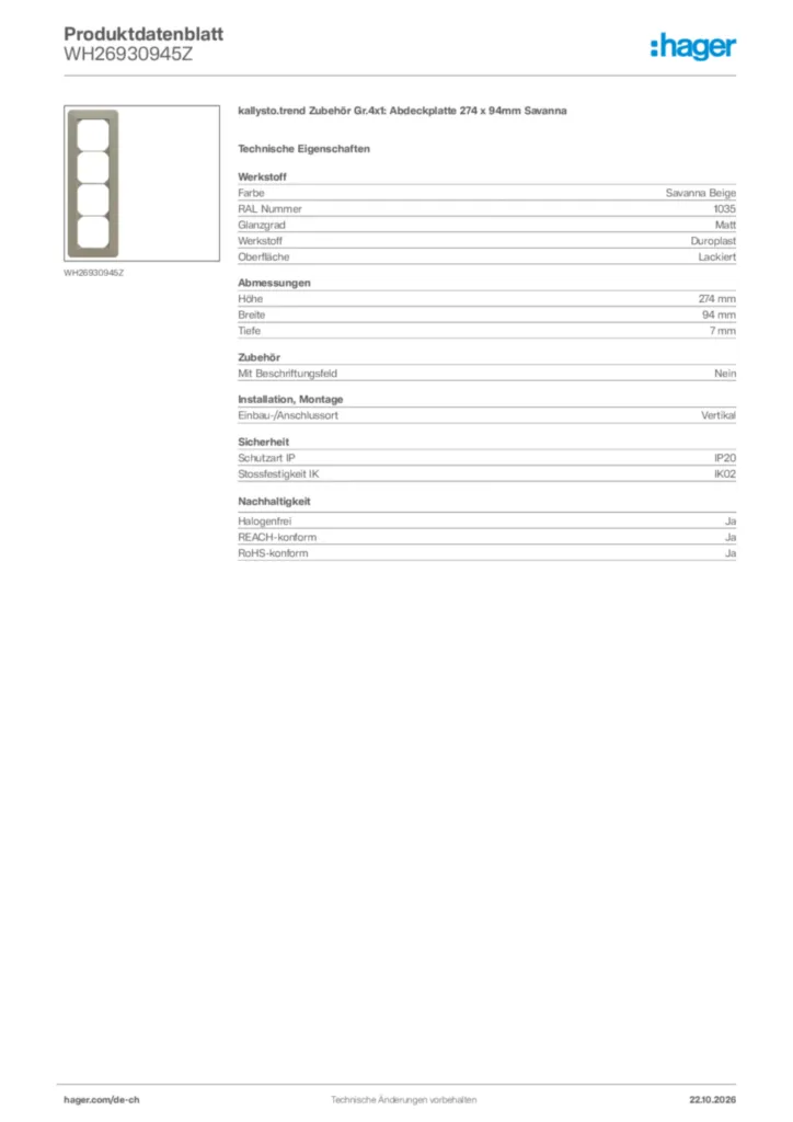 Bild Hager Produktdatenblatt WH26930945Z | Hager Schweiz