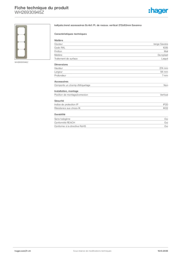 Image Hager Fiche technique du produit WH26930945Z | Hager Suisse