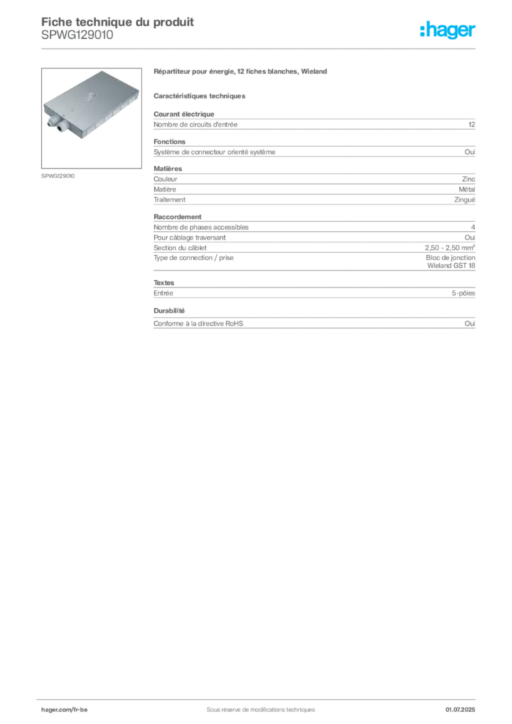 Image Hager Fiche technique du produit SPWG129010 | Hager Belgique