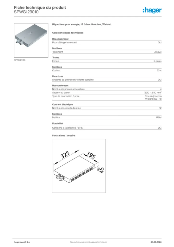 Image Hager Fiche technique du produit SPWG129010 | Hager Belgique