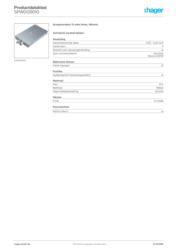 Afbeelding Hager Productdatablad SPWG129010 | Hager Belgium