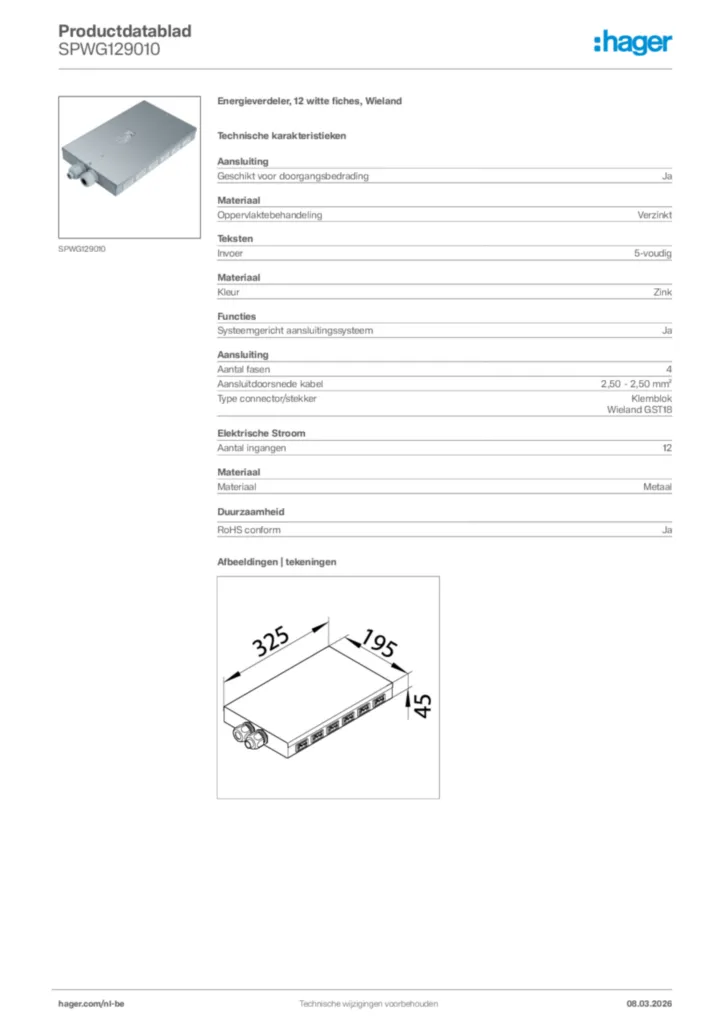 Afbeelding Hager Productdatablad SPWG129010 | Hager Belgium