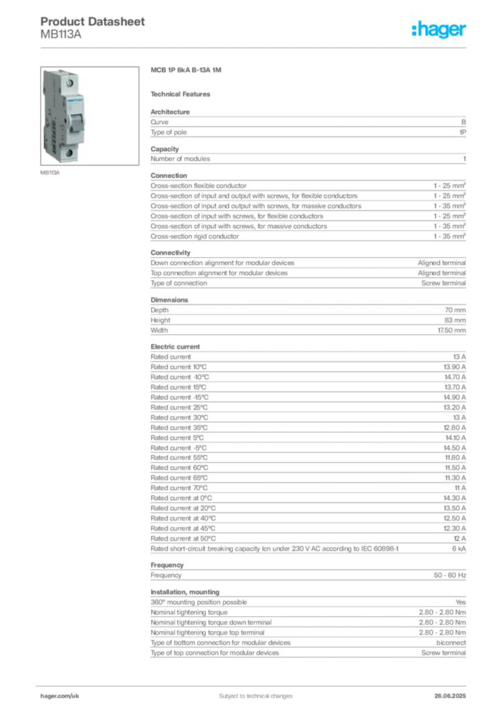 Image Hager Product data sheet MB113A  | Hager