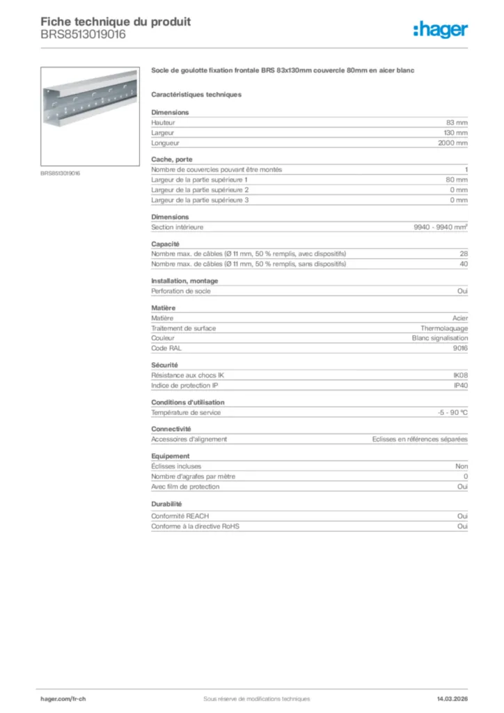 Image Hager Fiche technique du produit BRS8513019016 | Hager Suisse