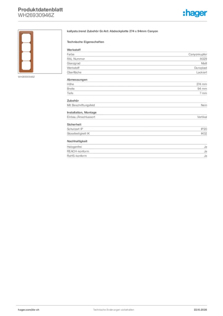 Bild Hager Produktdatenblatt WH26930946Z | Hager Schweiz
