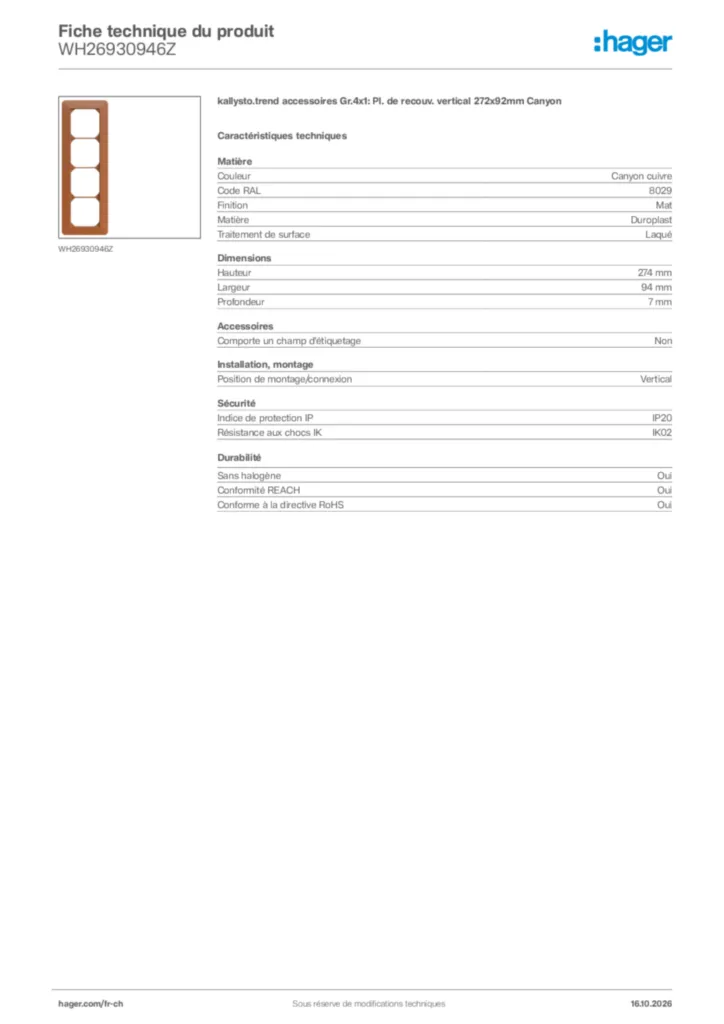 Image Hager Fiche technique du produit WH26930946Z | Hager Suisse
