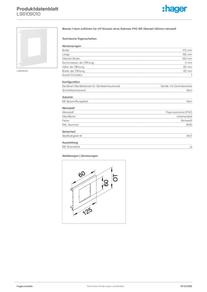 Bild Hager Produktdatenblatt L98109010 | Hager Deutschland