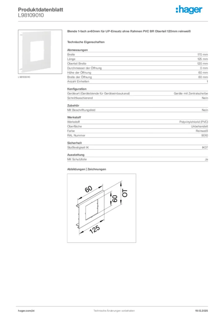 Bild Hager Produktdatenblatt L98109010 | Hager Deutschland