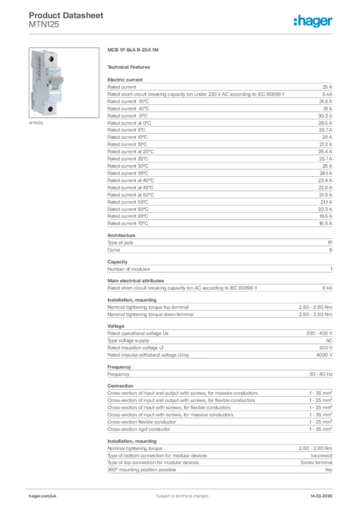 Image Hager Product data sheet MTN125  | Hager