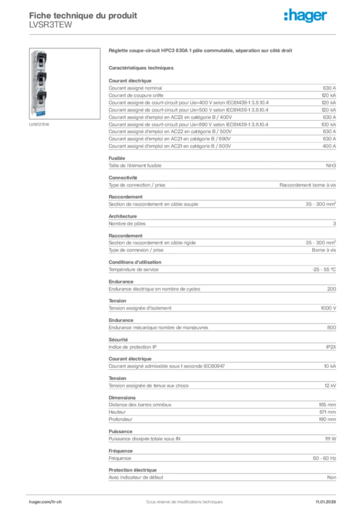 Image Hager Fiche technique du produit LVSR3TEW | Hager Suisse