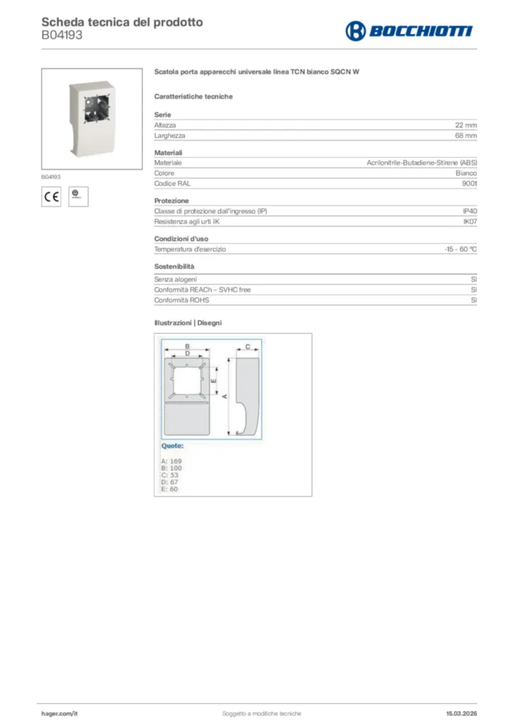 Immagine Bocchiotti Scheda tecnica del prodotto B04193 | Hager Italia