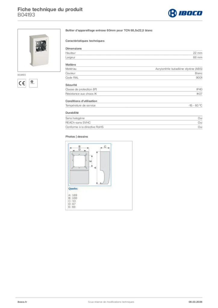 Image Iboco Fiche technique du produit B04193 | Hager France