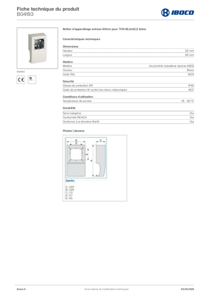 Image Iboco Fiche technique du produit B04193 | Hager France