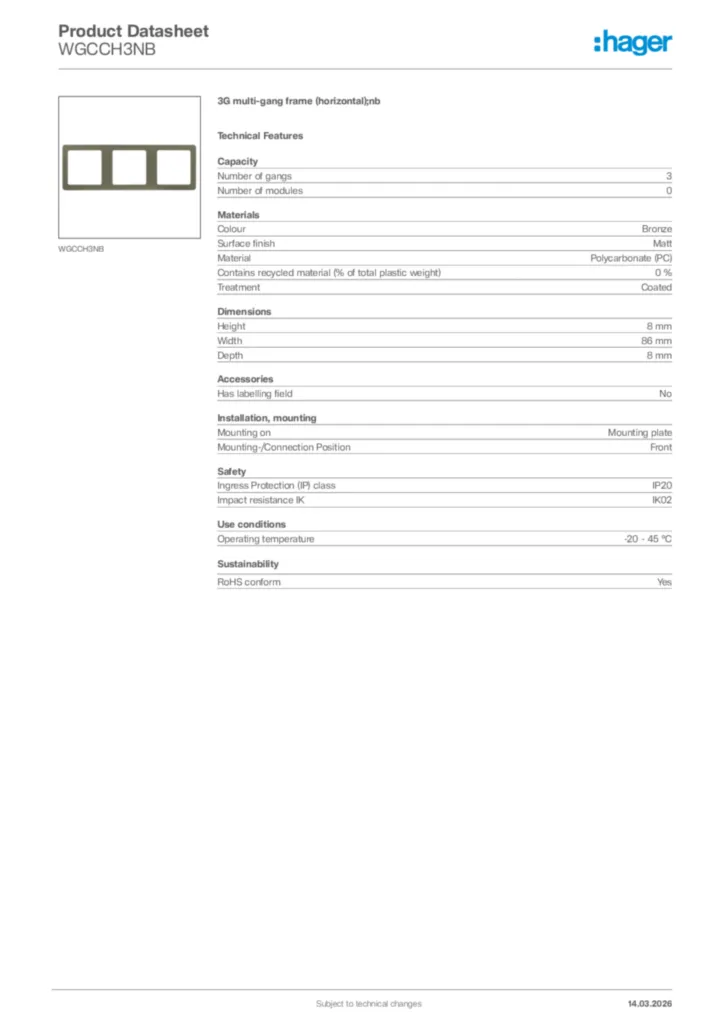 Image Hager Product data sheet WGCCH3NB  | Hager Africa