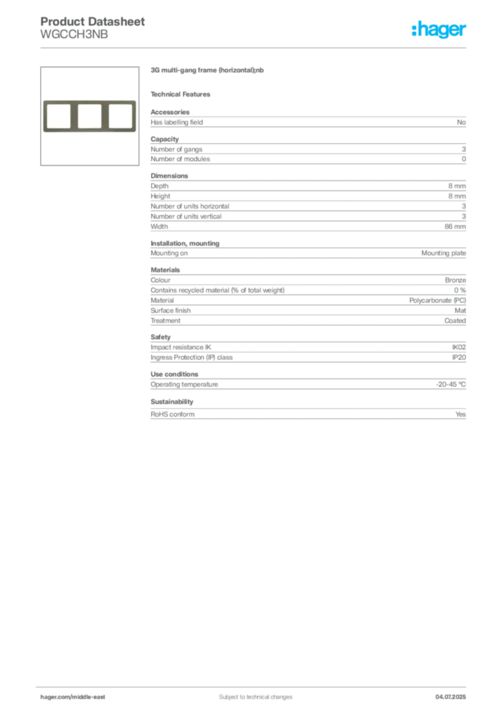 Image Hager Product data sheet WGCCH3NB  | Hager
