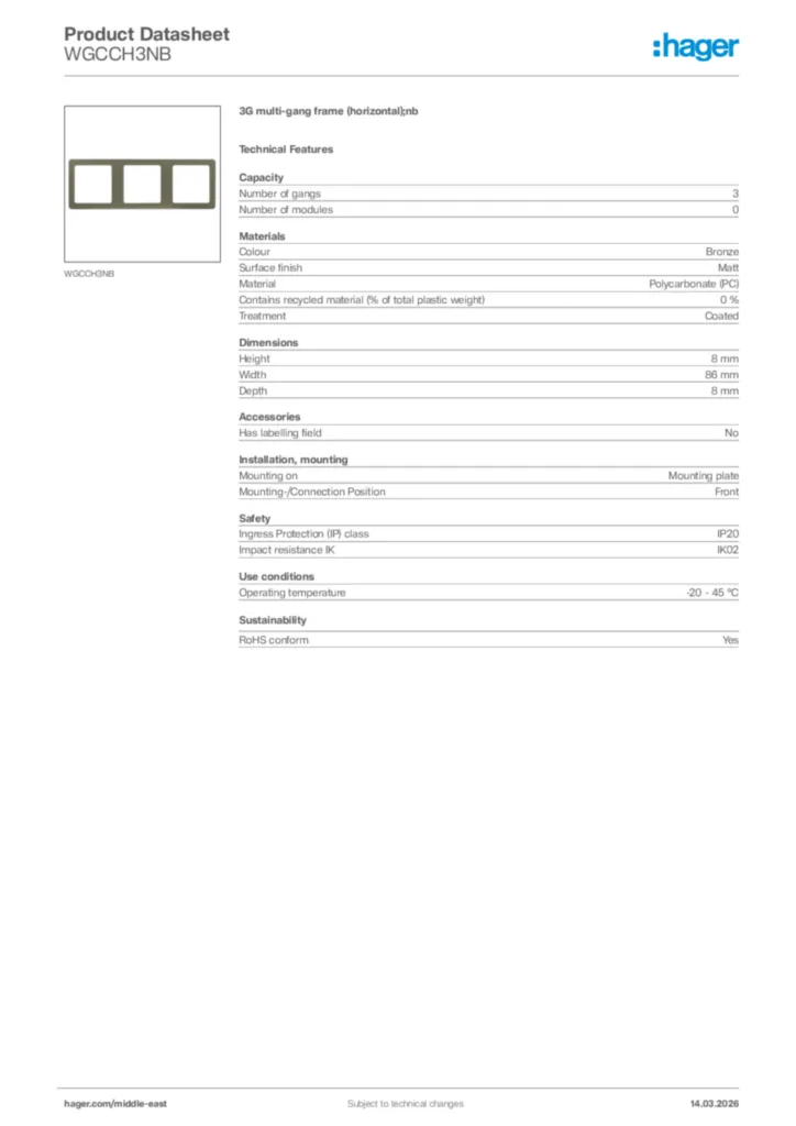 Image Hager Product data sheet WGCCH3NB  | Hager