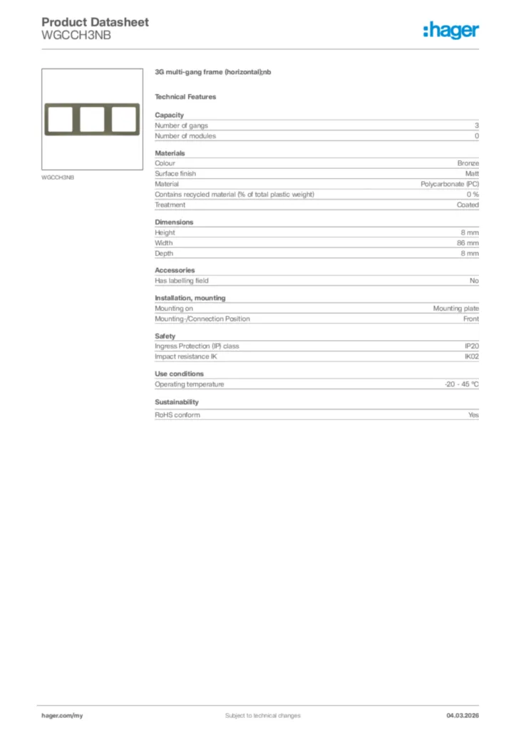 Image Hager Product data sheet WGCCH3NB  | Hager