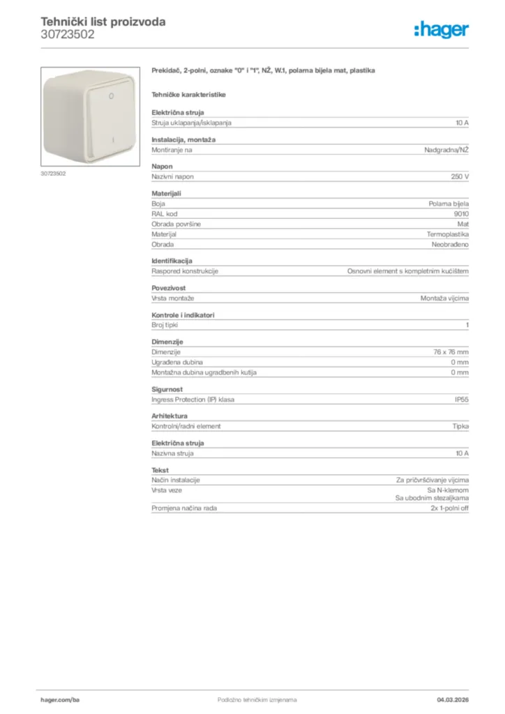 Slika Hager Tehnički list proizvoda 30723502  | Hager