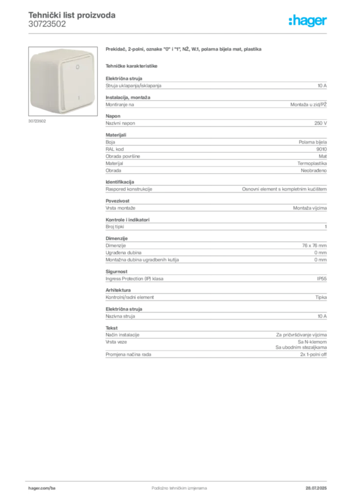 Slika Hager Product data sheet 30723502  | Hager