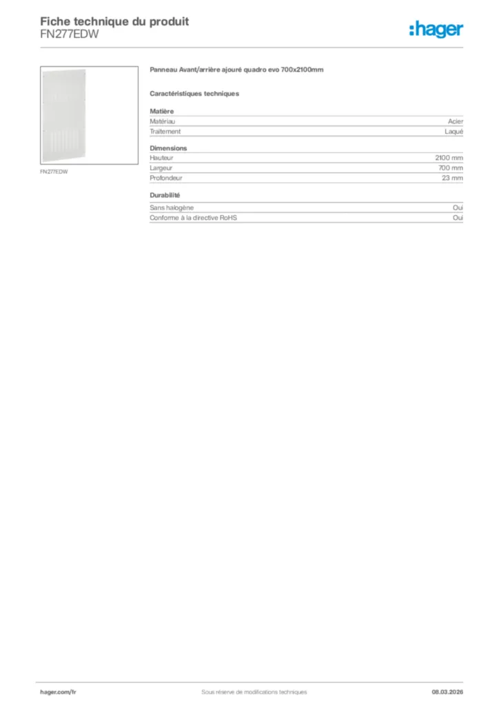 Image Hager Fiche technique du produit FN277EDW | Hager France