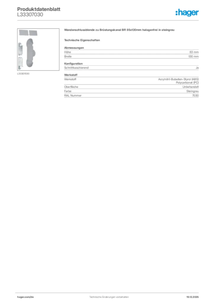 Bild Hager Produktdatenblatt L33307030 | Hager Deutschland