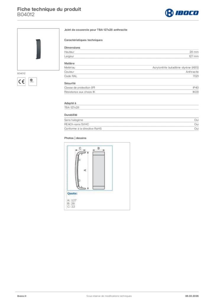 Image Iboco Fiche technique du produit B04012 | Hager France