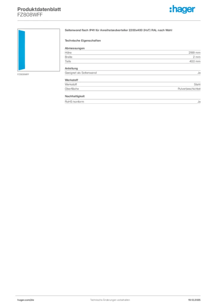Bild Hager Produktdatenblatt FZ808WFF | Hager Deutschland