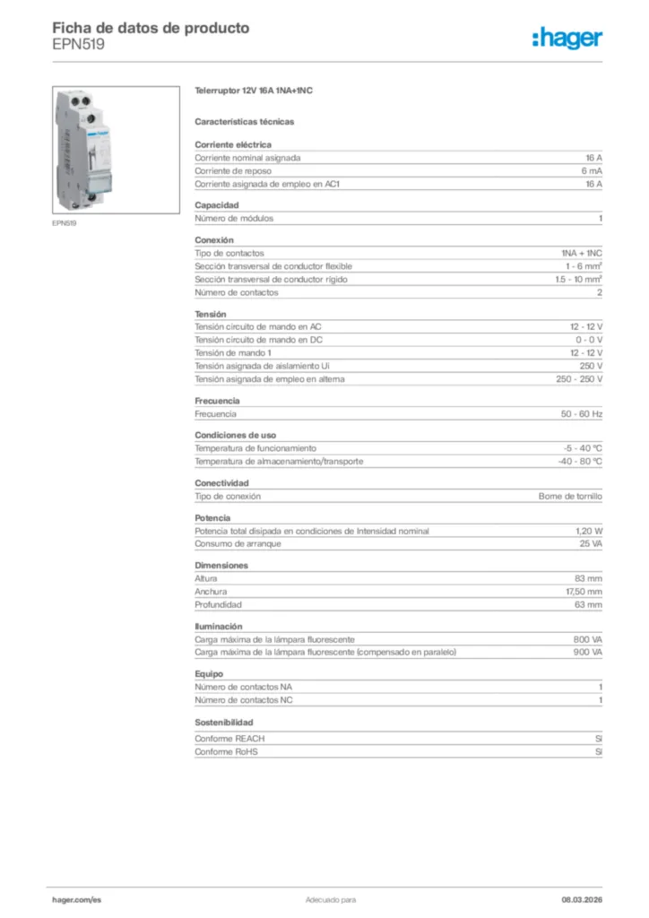 Imagen Hager Ficha de datos de producto EPN519 | Hager España