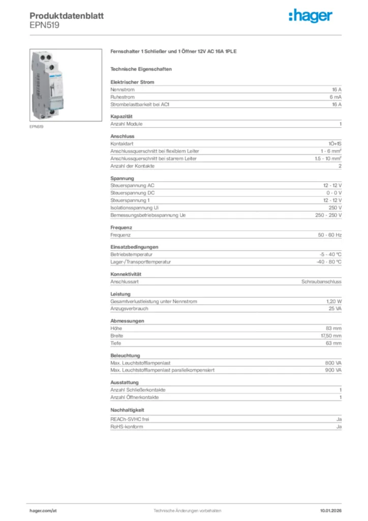 Bild Hager Produktdatenblatt EPN519 | Hager Deutschland