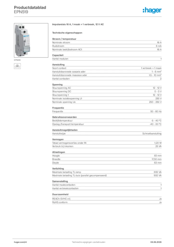 Afbeelding Hager Productdatablad EPN519 | Hager Nederland