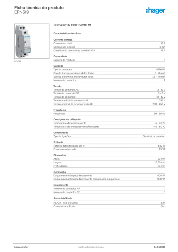 Imagem Hager Ficha técnica do produto EPN519 | Hager Portugal