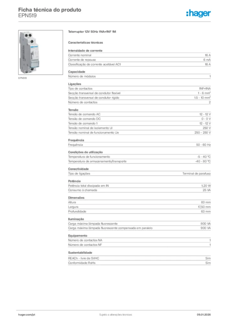 Imagem Hager Ficha técnica do produto EPN519 | Hager Portugal