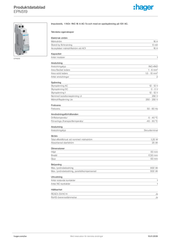 Bild Hager Produktdatablad EPN519 | Hager Sverige