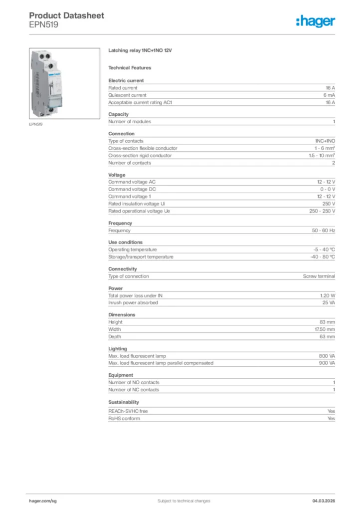 Image Hager Product data sheet EPN519  | Hager